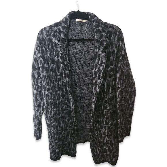 Vintage Italy Black Wool Leopard Print Long Cardigan Sweater Minimalist L - Picture 1 of 8